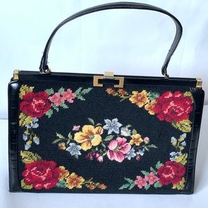 Vintage 50s/60s Needlepoint Wool Tapestry Handbag Large Black/Floral